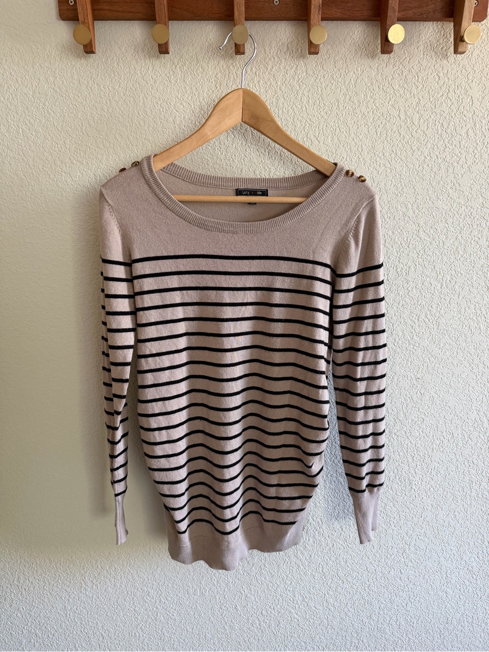 Lety & MeTaupe and Black Striped Boatneck Maternity Sweater with Shoulder Button